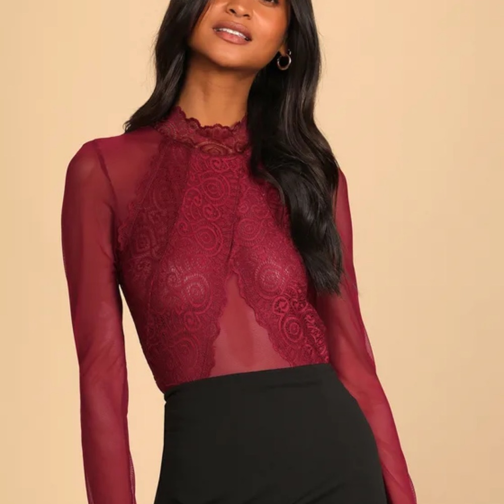 Show Stopping Burgundy Sheer Lace Long Sleeve Bodysuit